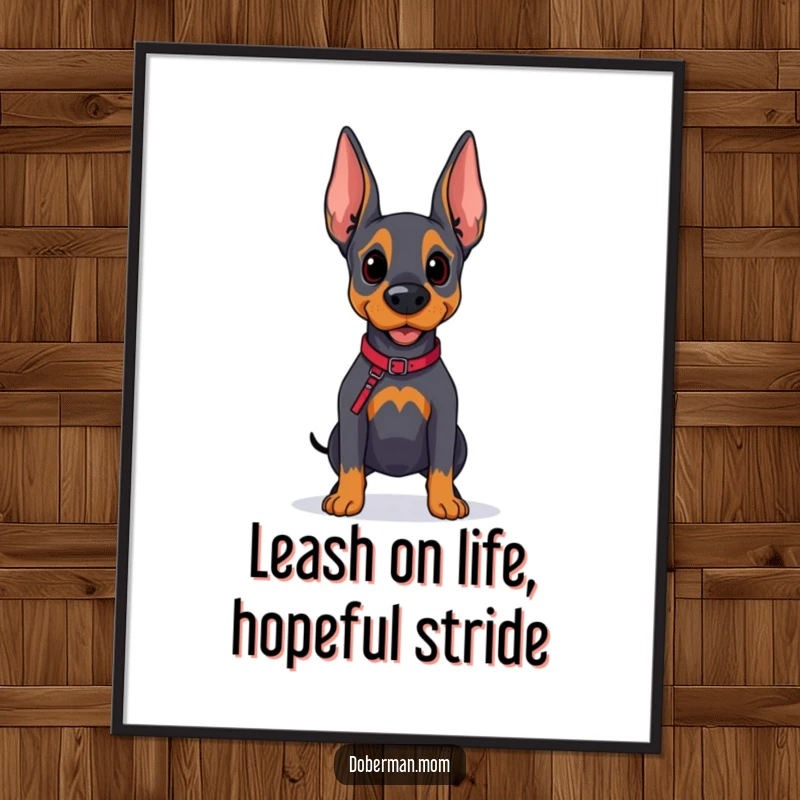 Funny Free Printable Doberman wall art showing a dog with a leash and an expectant, hopeful expression.