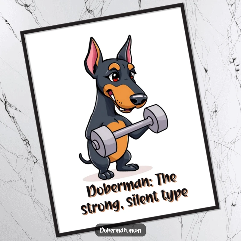Funny free printable Doberman wall art, a strong dog with a determined look balancing a small training dumbbell, workout theme.