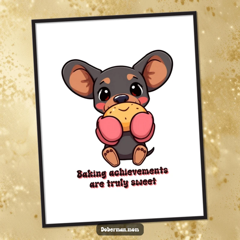 Funny Free Printable Wall Art: A Doberman wearing oven mitts perfectly holds a warm, delicious pastry, ready to serve.