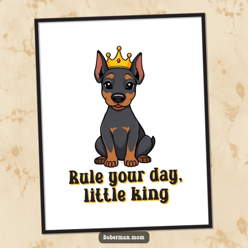 Funny Free Printable Wall Art: A Doberman wearing a tiny crown sits attentively, exuding quiet dignity and humor.