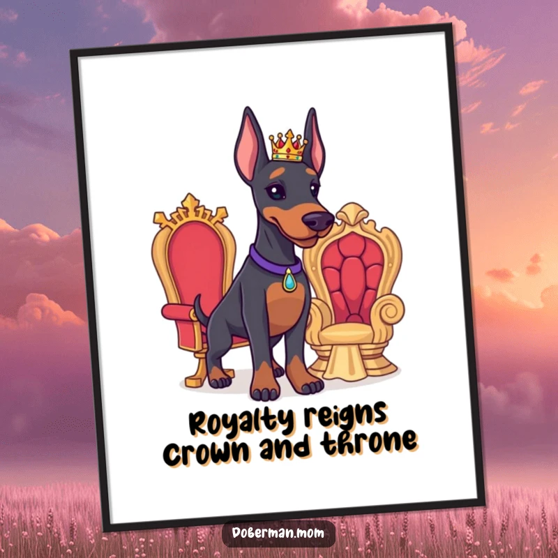 Funny Free Printable Wall Art: A regal Doberman wearing a tiny crown, standing proudly beside a miniature throne.