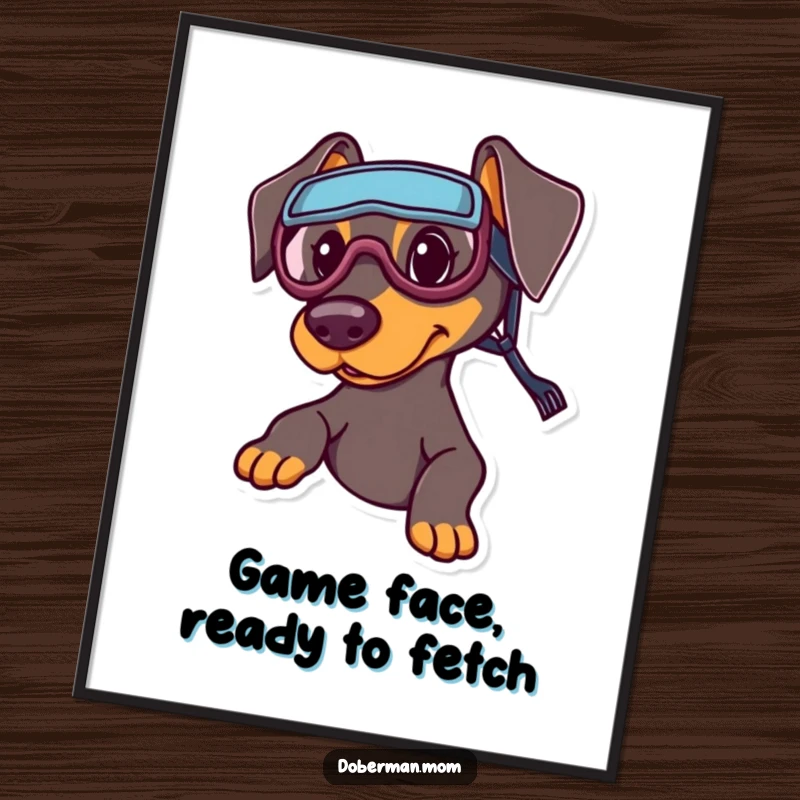 Funny Free Printable Wall Art: A Doberman character sporting tiny sports goggles, looking ready for action and athletic fun in any room.