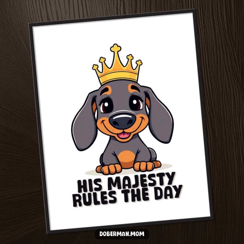 Funny Free Printable Wall Art of a jolly Doberman dog wearing a small crown, looking distinguished and regal with a hint of humor.