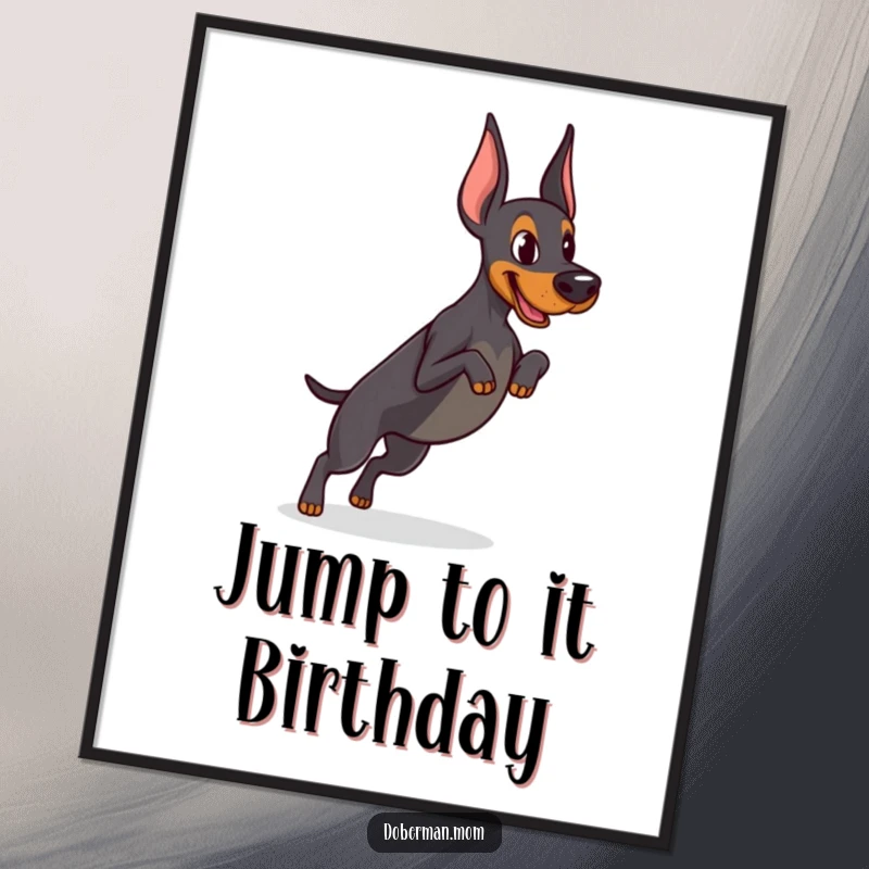 Funny Free Printable Wall Art: Determined Doberman with intense focus, practicing a small, athletic jump.