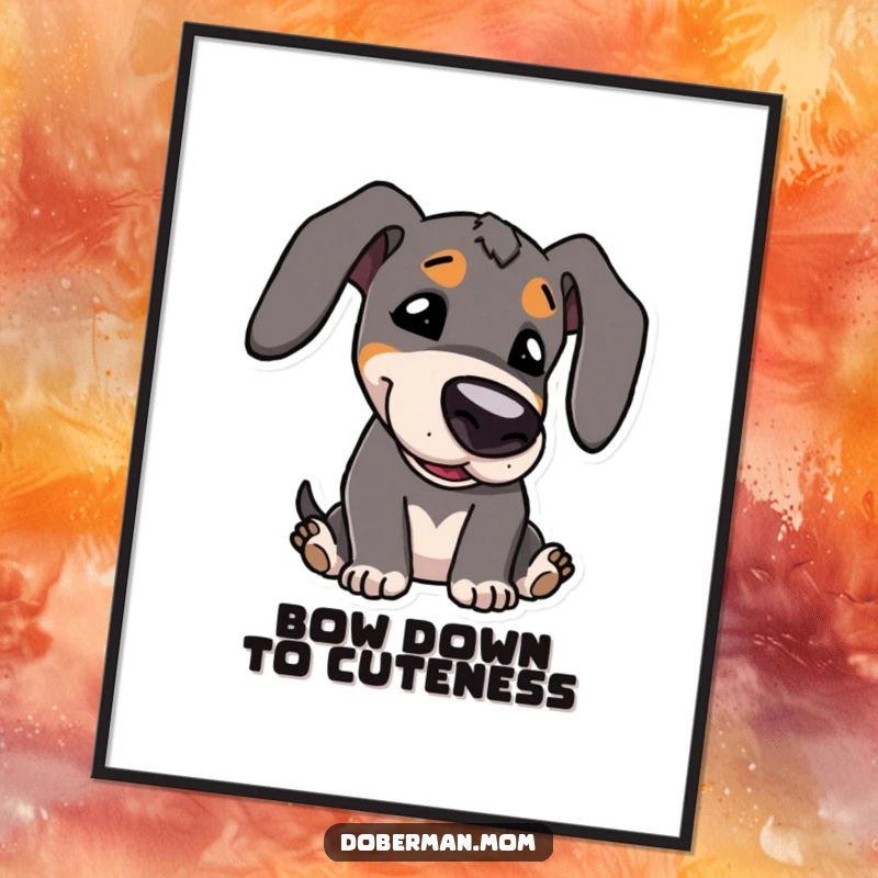 Funny Free Printable Wall Art: Kawaii Doberman character playfully bowing its head, bringing cute charm to decor.