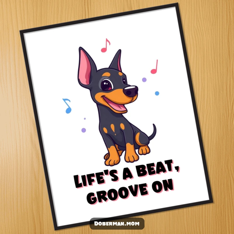Funny Free Printable Wall Art: Doberman dog with a musical note, grooving to a lively, energetic rhythm. Music art.