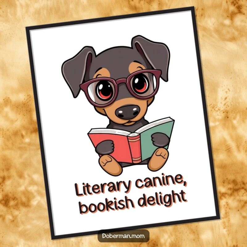Funny Free Printable Doberman wall art of a dog wearing reading glasses and holding a book.