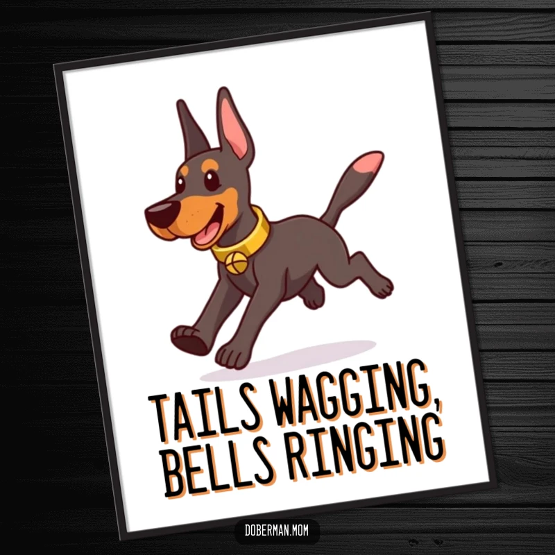 Funny Free Printable Wall Art: A Doberman wearing a tinkling bell collar is caught mid-chase, playfully pursuing its tail.