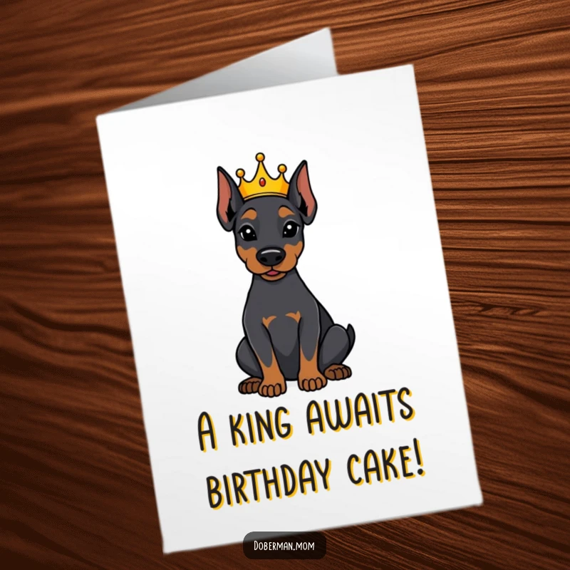 Funny Free Printable Birthday Card: A Doberman sporting a tiny crown sits attentively, patiently awaiting birthday celebrations.