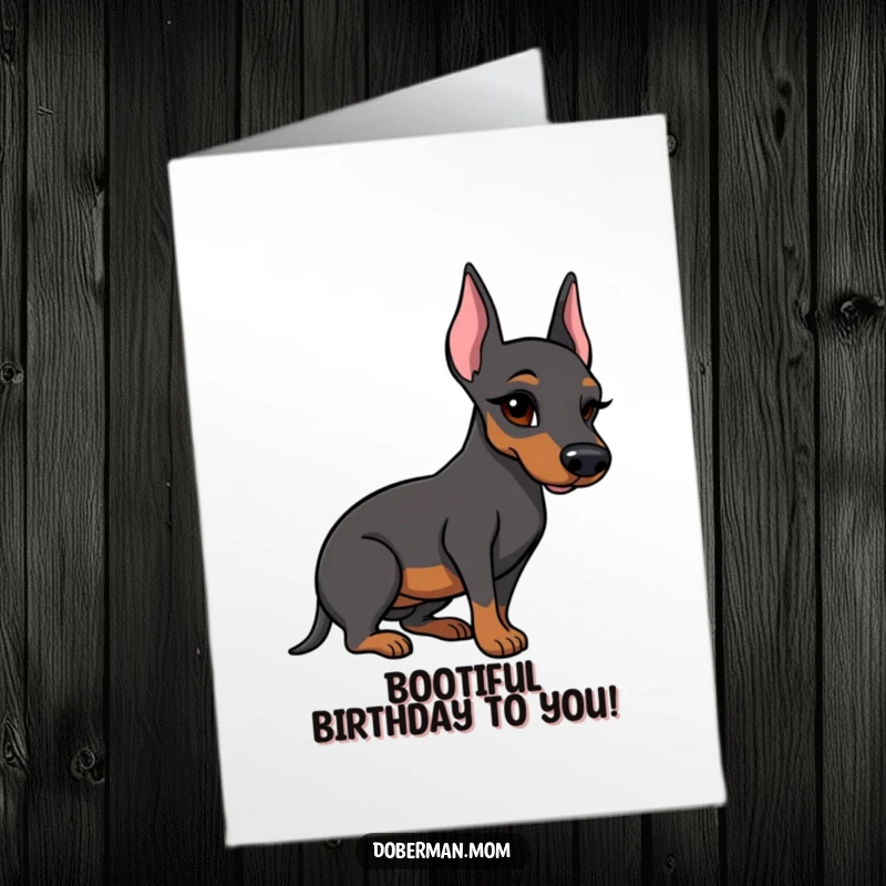 Funny free printable Doberman birthday card, a dog winking slyly while presenting a single, shiny polished boot, dapper style.