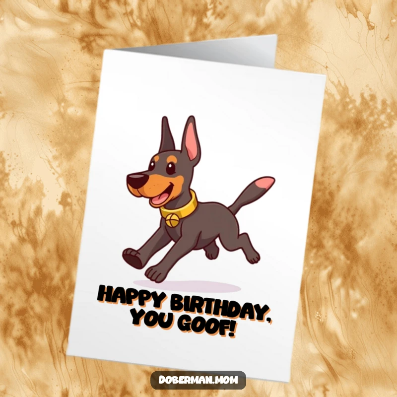 Funny Free Printable Birthday Card: A Doberman in a tinkling bell collar hilariously chases its own tail.