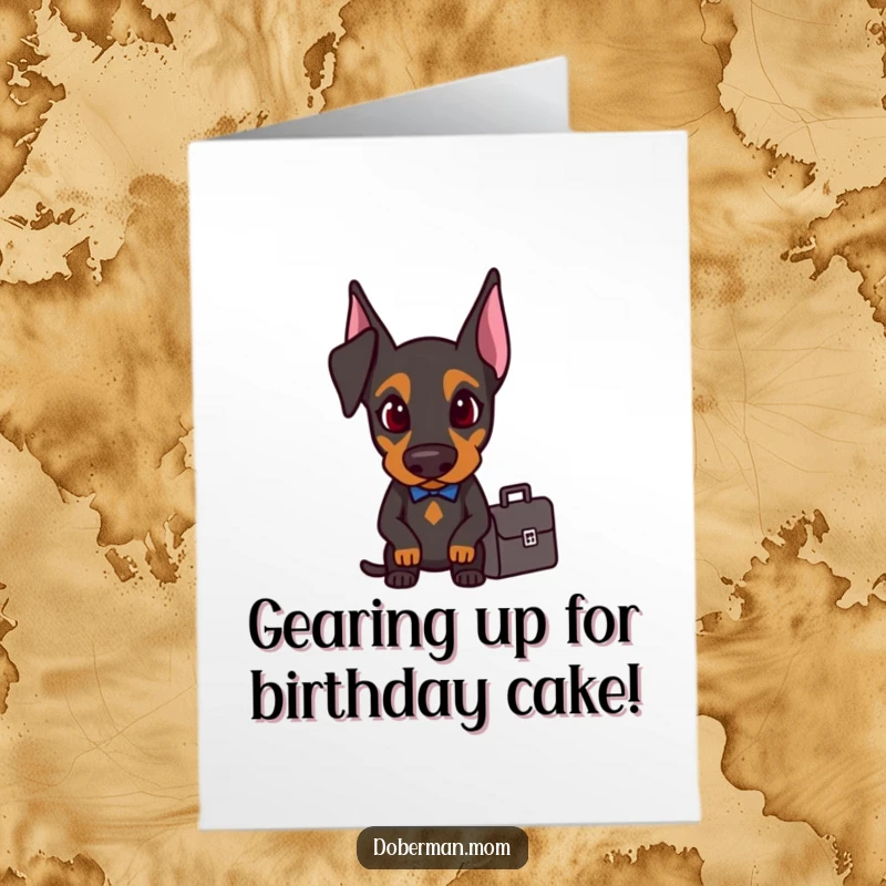 Funny Free Printable Birthday Card: A determined Doberman holding a small briefcase, ready for business.