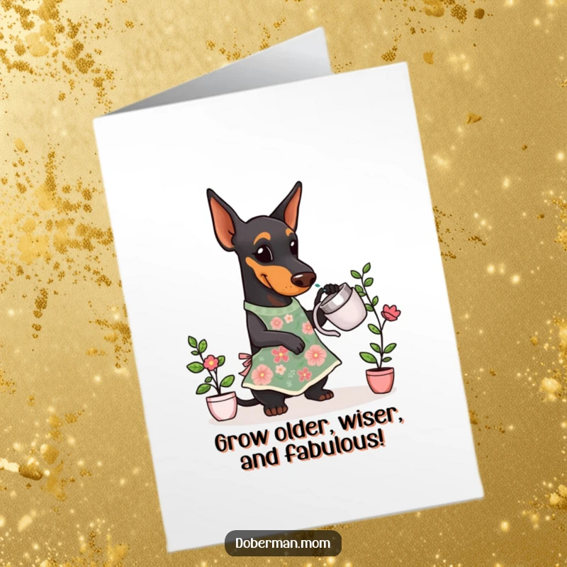 Funny Free Printable Birthday Card: Doberman dog in a floral apron happily watering a small potted plant.