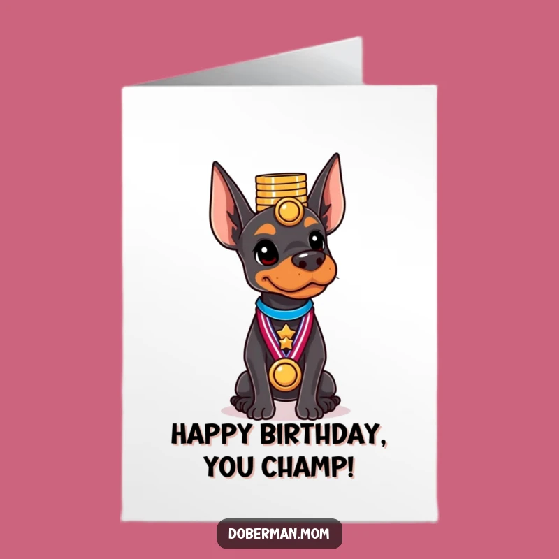 Free Printable Birthday Card: Doberman Medals Champ, Funny Downloadable Gift