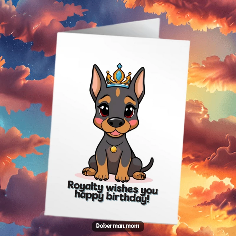 Funny Free Printable Birthday Card: A Doberman queen in her tiara poses regally, ready to celebrate with style.