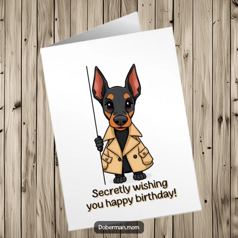 Funny Free Printable Birthday Card shows a stylish Doberman in a trench coat peeking around a corner, perfect for a mysterious printable greeting.