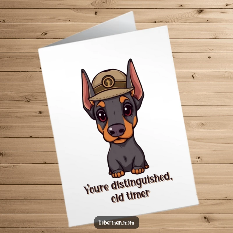 Funny Free Printable Dapper Doberman Birthday Card: A Doberman in a distinguished hat looks important while wishing a happy birthday.