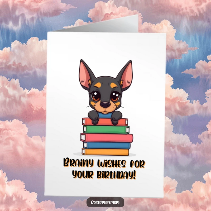 Funny Free Printable Birthday Card: A Doberman with a determined gaze carefully balances a tall stack of books.