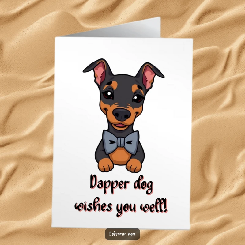 Funny Free Printable Birthday Card: A Doberman in a bow tie winks playfully, ready for a birthday celebration.