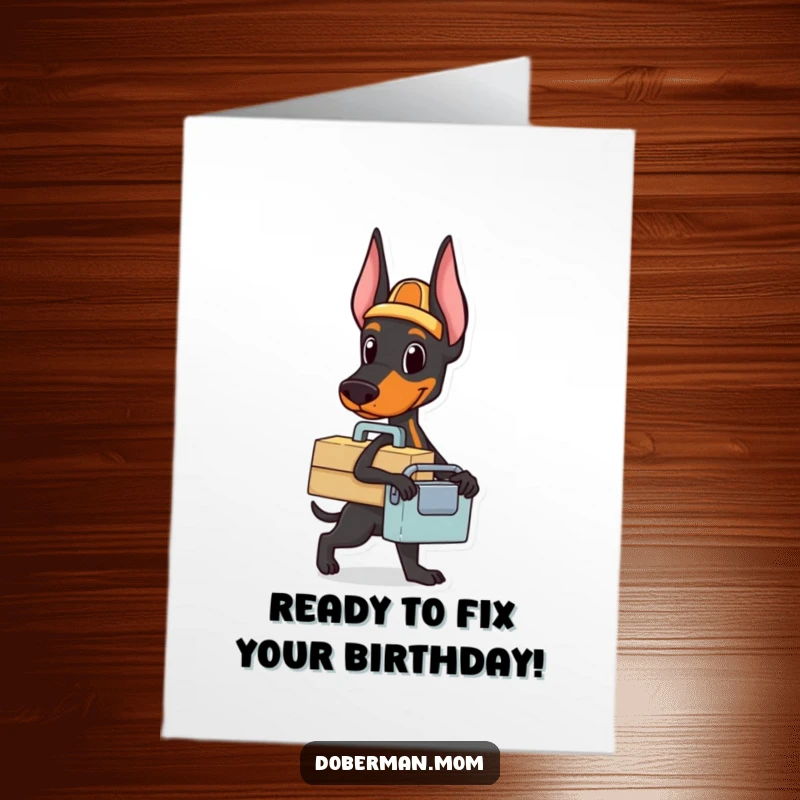 Funny Free Printable Doberman Handyman Birthday Card: A Doberman with a toolbox is ready to tackle birthday tasks with a smile.