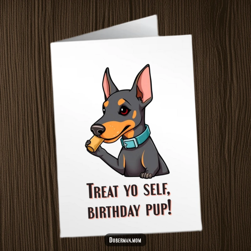 Funny Free Printable Birthday Card showing a Doberman in a fashionable collar playfully nudging a treat, celebrating with playful charm.
