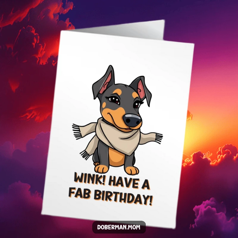 Funny Free Printable Birthday Card: Stylish Doberman in scarf winks charmingly, sending birthday wishes with a cool, sophisticated vibe.
