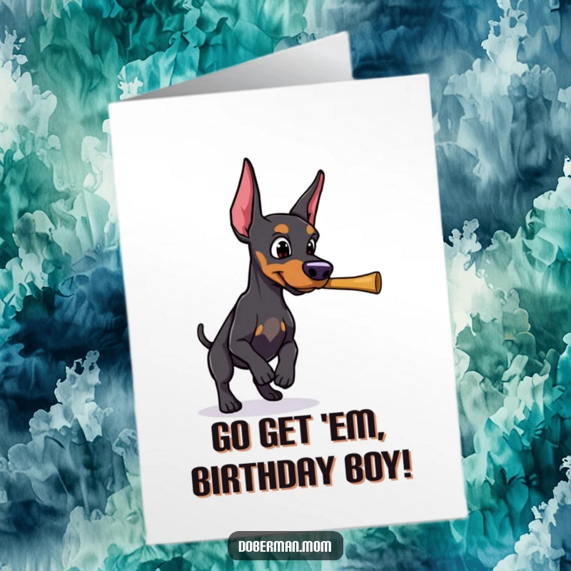 Funny Free Printable Birthday Card: Determined Doberman Retrieving a Stick with Focus, Energetic