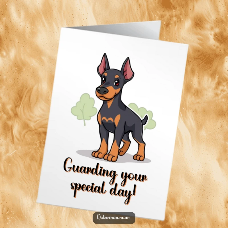 Funny Free Printable Birthday Card: A loyal Doberman stands protectively, surveying the area with a watchful eye.