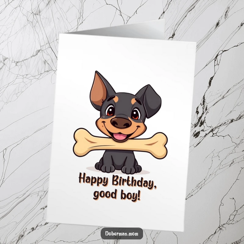 Funny Free Printable Birthday Card: Sweet-faced Doberman smiling, gently offering a cherished, well-worn bone.