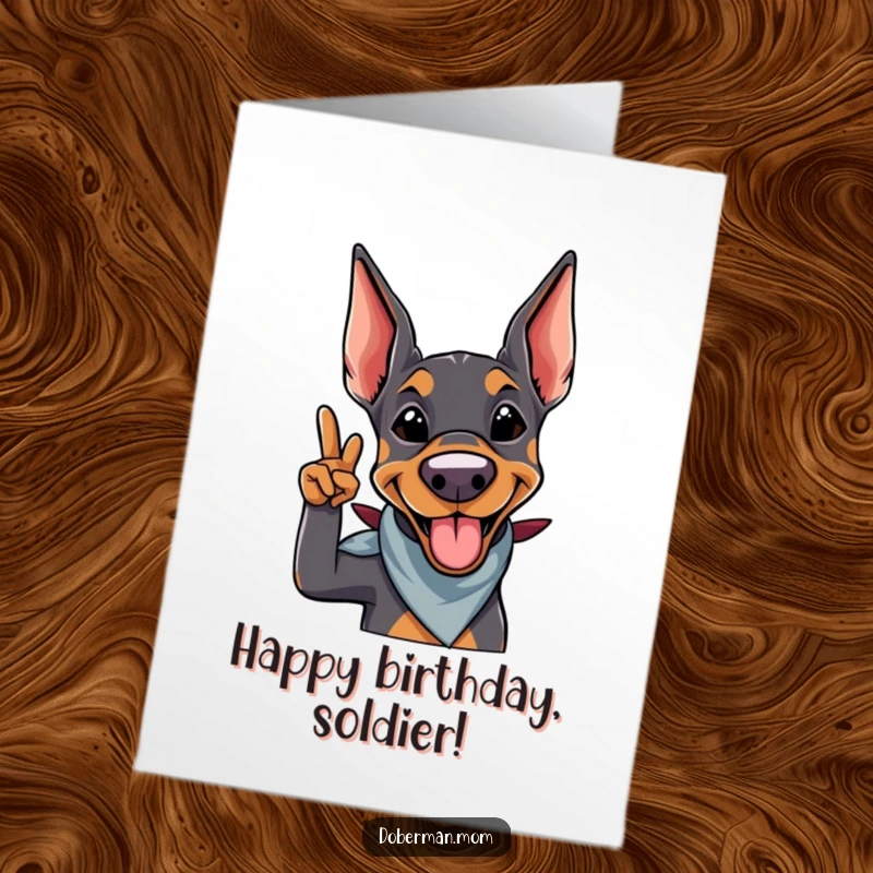 Funny Free Printable Doberman Birthday Card: Smiling Doberman in a bandana gives a playful salute.