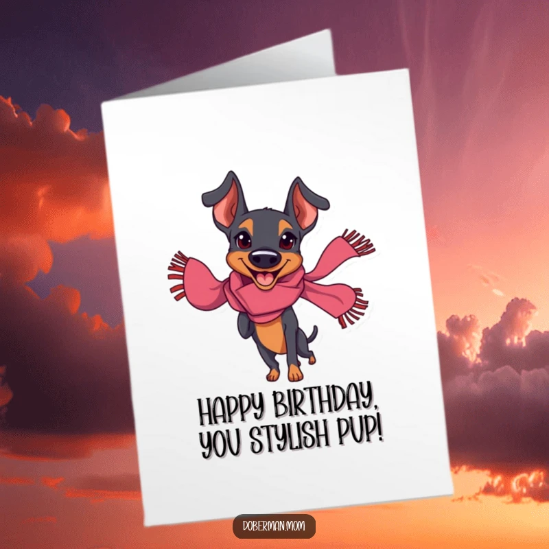 Funny Free Printable Doberman birthday card of a cheerful dog in a scarf doing a happy twirl.