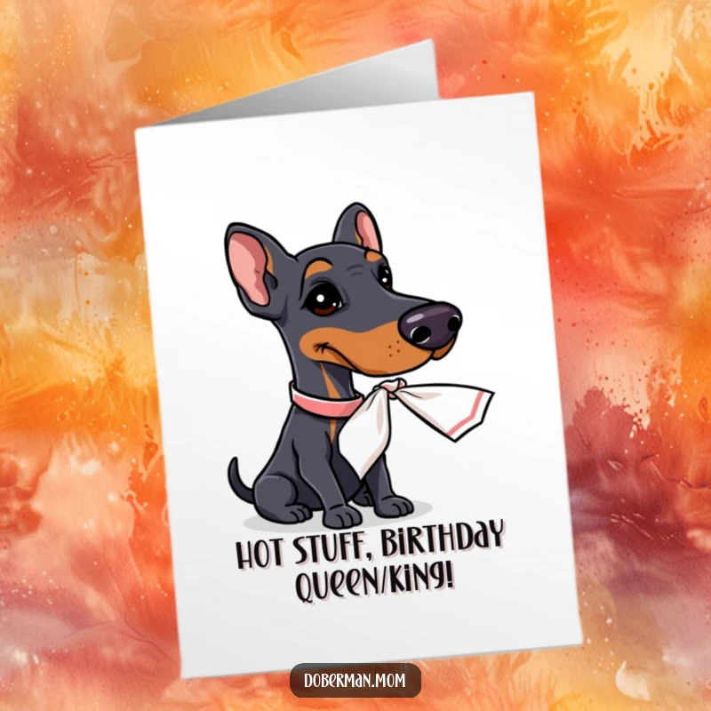 Funny Free Printable Birthday Card: Sophisticated Doberman using a tiny handkerchief to fan itself elegantly.
