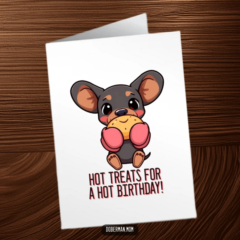 Funny Free Printable Birthday Card: A Doberman in oven mitts proudly holds a warm, inviting pastry.