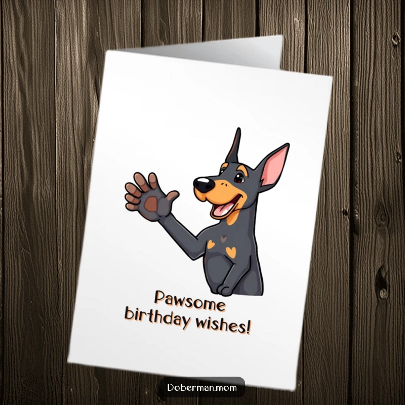 Funny Free Printable Birthday Card featuring a delighted Doberman dog offering a friendly paw for a handshake, full of birthday joy.