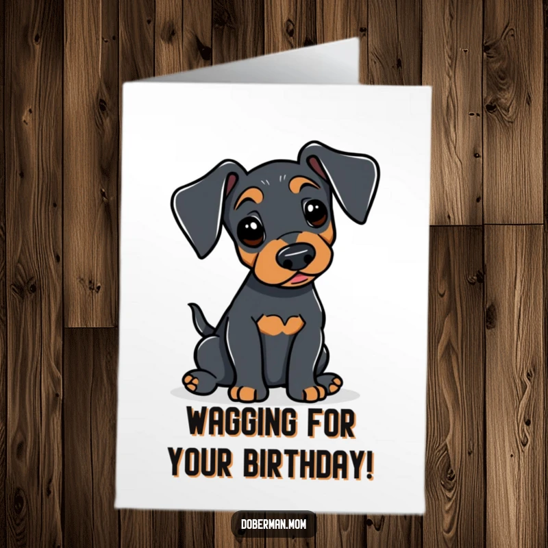 Funny Free Printable Birthday Card featuring a Doberman with alert ears gently wagging its tail, conveying warm birthday wishes.