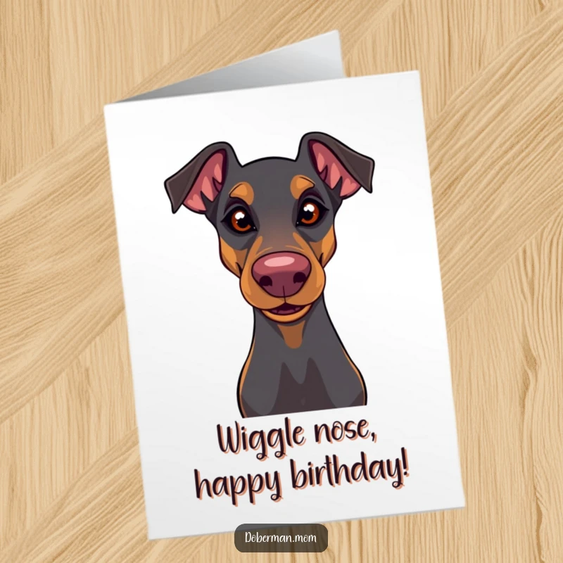 Funny Free Printable Birthday Card: A Doberman with a playful glint in its eye actively wiggling its nose with mischief.