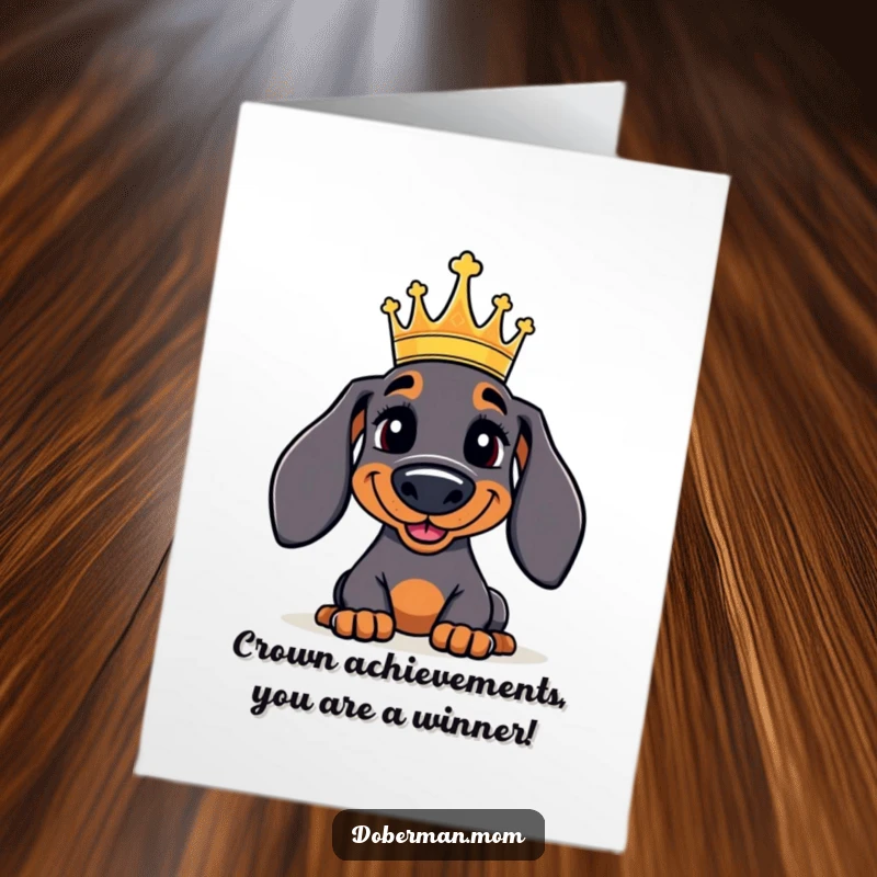 Funny Free Printable Congratulations Card featuring a regal Doberman dog sporting a tiny crown, exuding sophisticated joy.
