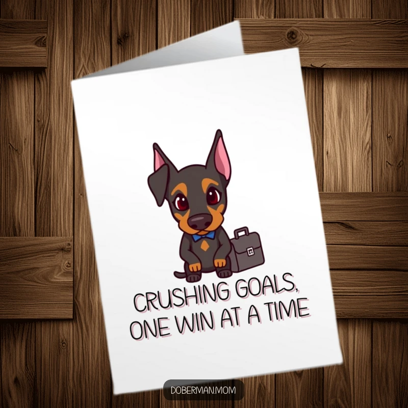 Funny Free Printable Congratulations Card: A Doberman with a briefcase, looking incredibly determined and focused.