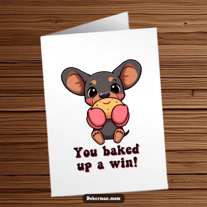 Funny Free Printable Congrats Card: A Doberman wearing oven mitts presents a warm, delectable pastry with pride.