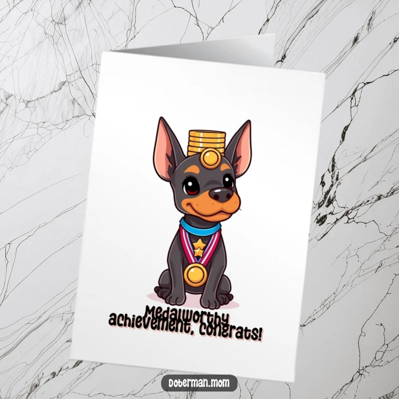 Free Printable Congratulations Card: Elegant Doberman with perfect balance, holding a shiny stack of medals atop its head.