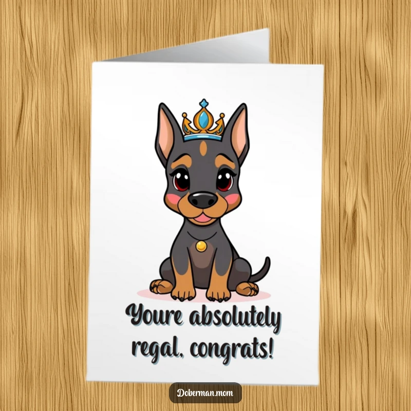 Funny Free Printable Congrats Card: A Doberman wearing a tiara poses regally, celebrating a momentous achievement with grace.