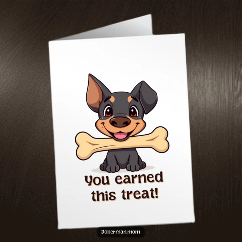 Funny Free Printable Congratulations Card: Smiling Doberman offering a well-worn bone, conveying sincere congratulations.