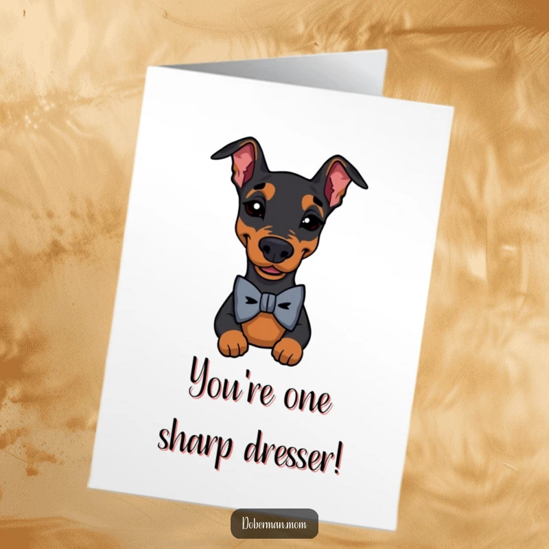 Funny Free Printable Congratulations Card: A Doberman wearing a bow tie winks, celebrating success with charm.