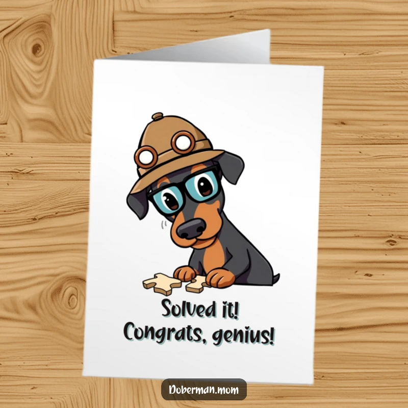 Free Printable Congratulations Card: Doberman detective hat on, looking sharp and ready to celebrate any successfully solved achievement.