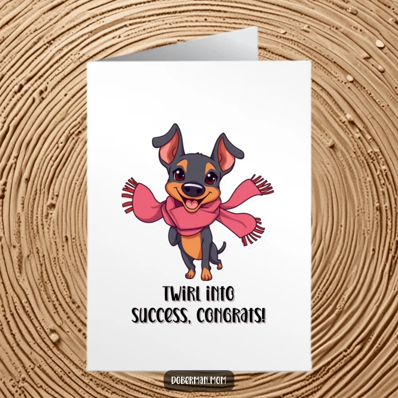 Funny Free Printable Doberman congratulations card showing a stylish dog in a scarf twirling with joy.