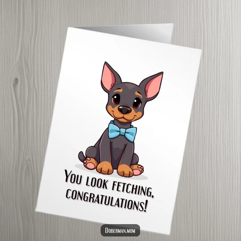 Funny Free Printable Congratulations Card showing a Doberman in a bow tie sitting attentively, perfect for congratulating with sophistication.