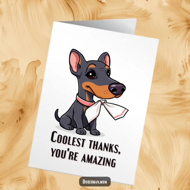 Funny Free Printable Thank You Card: A stylish Doberman fanning itself with a miniature handkerchief, looking quite pleased.