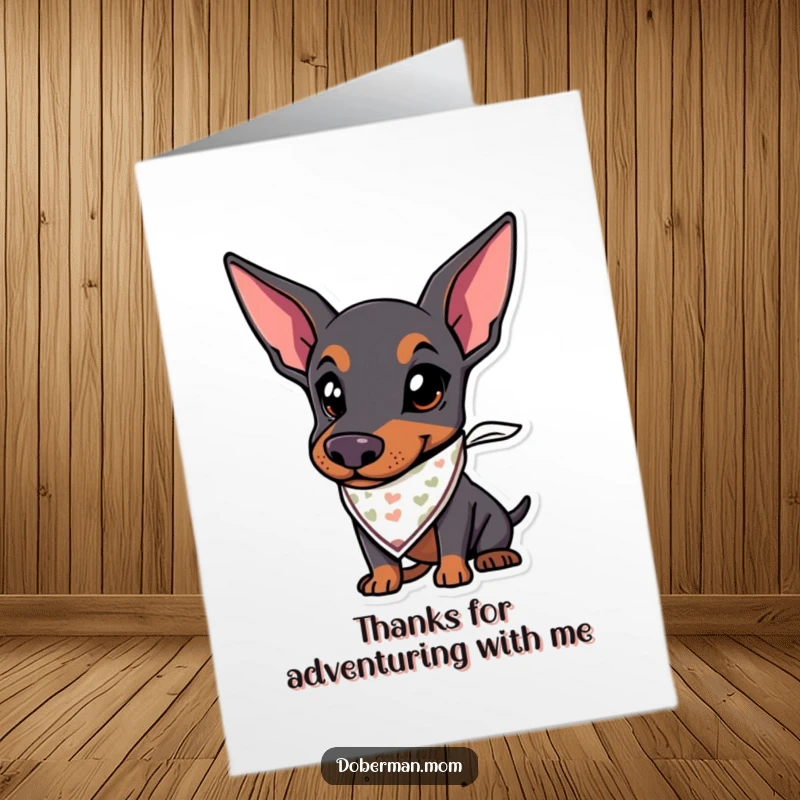 Funny Free Printable Thank You Card featuring a Doberman in a bandana, ready to explore and express gratitude.