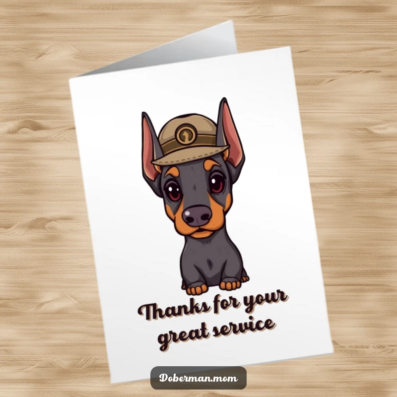 Funny Free Printable Dapper Doberman Thank You Card: A Doberman in a distinguished hat appears important, offering a sophisticated thank you.