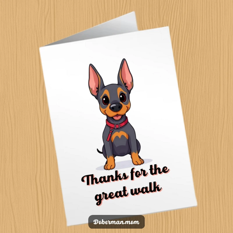 Funny Free Printable Doberman thank you card featuring a hopeful dog with a leash looking towards the future.
